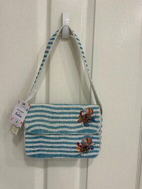 Handcrafted in India Crab Blue White Striped Beaded Sequin  Bag NWT NEW RELEASE